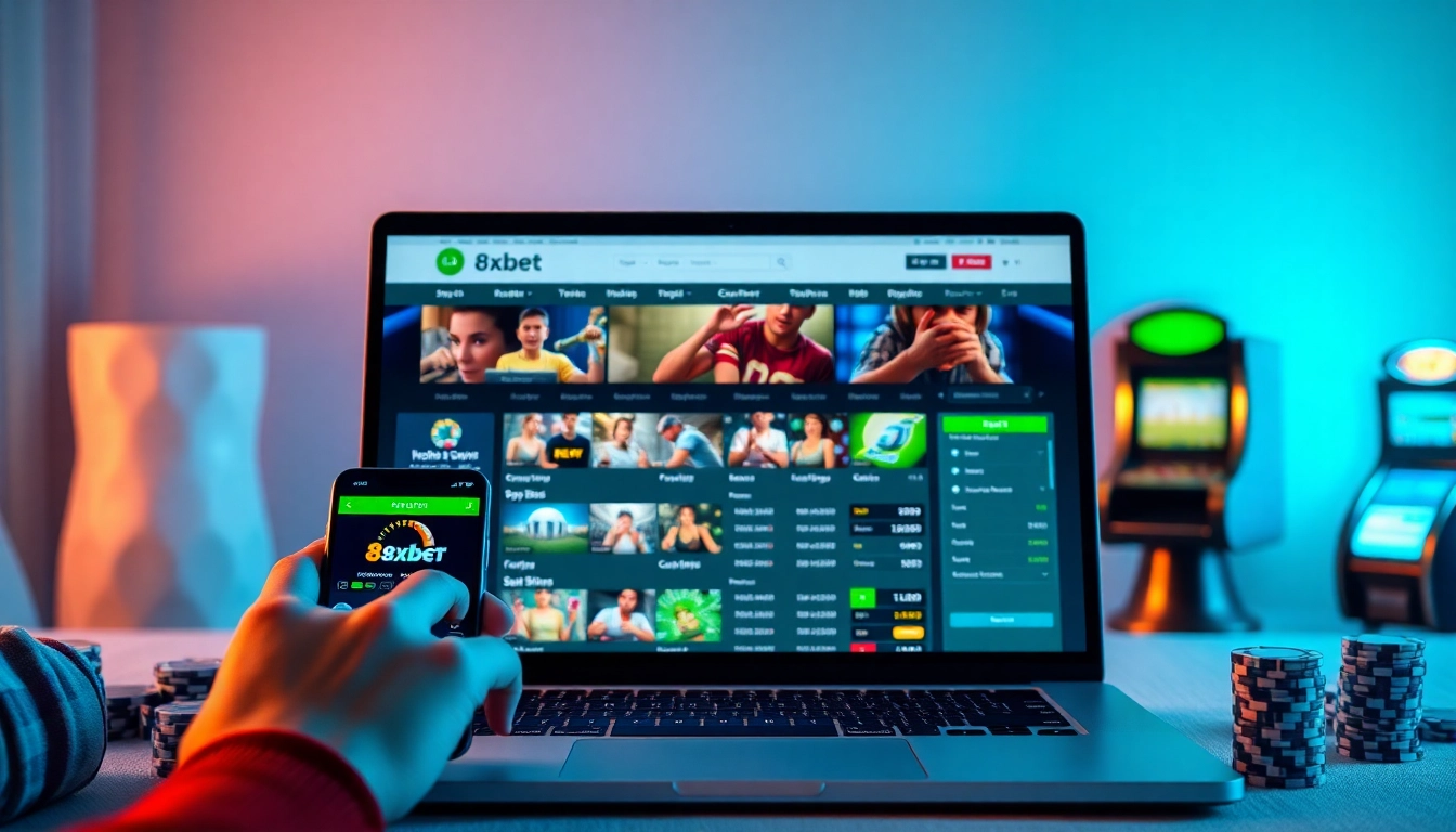 Experience the excitement of online betting at 8xbet.com.se with a modern interface, vibrant betting symbols, and an engaging user atmosphere.