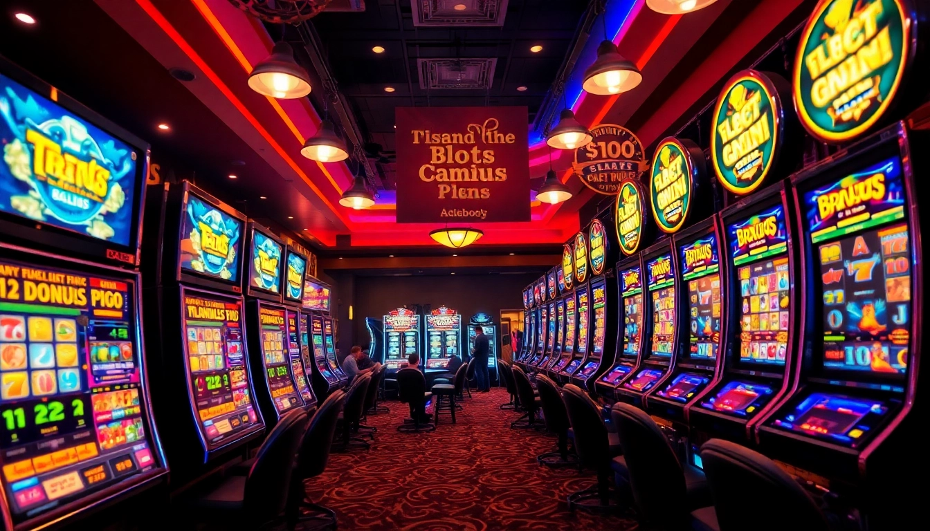 Exciting slot machines in a vibrant casino, showcasing colorful screens and players enjoying their winning moments.