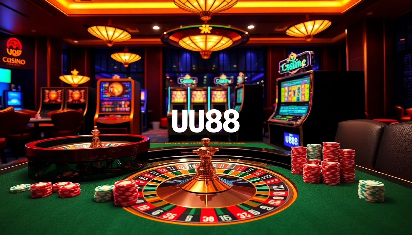 UU88 players enjoying a thrilling casino experience at a roulette table and slot machines.