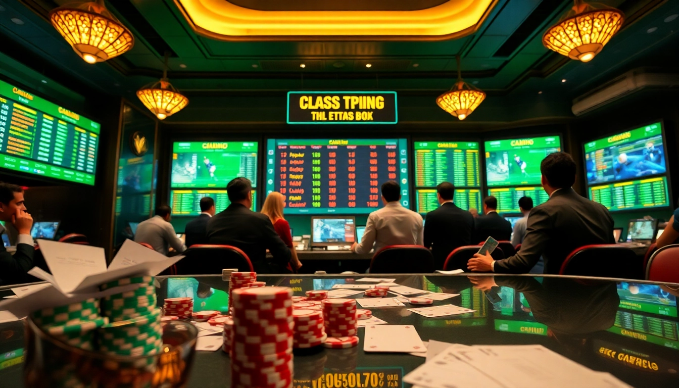 Exciting gambling scene illustrating tỷ lệ bóng đá kèo nhà cái with betting slips and chips.