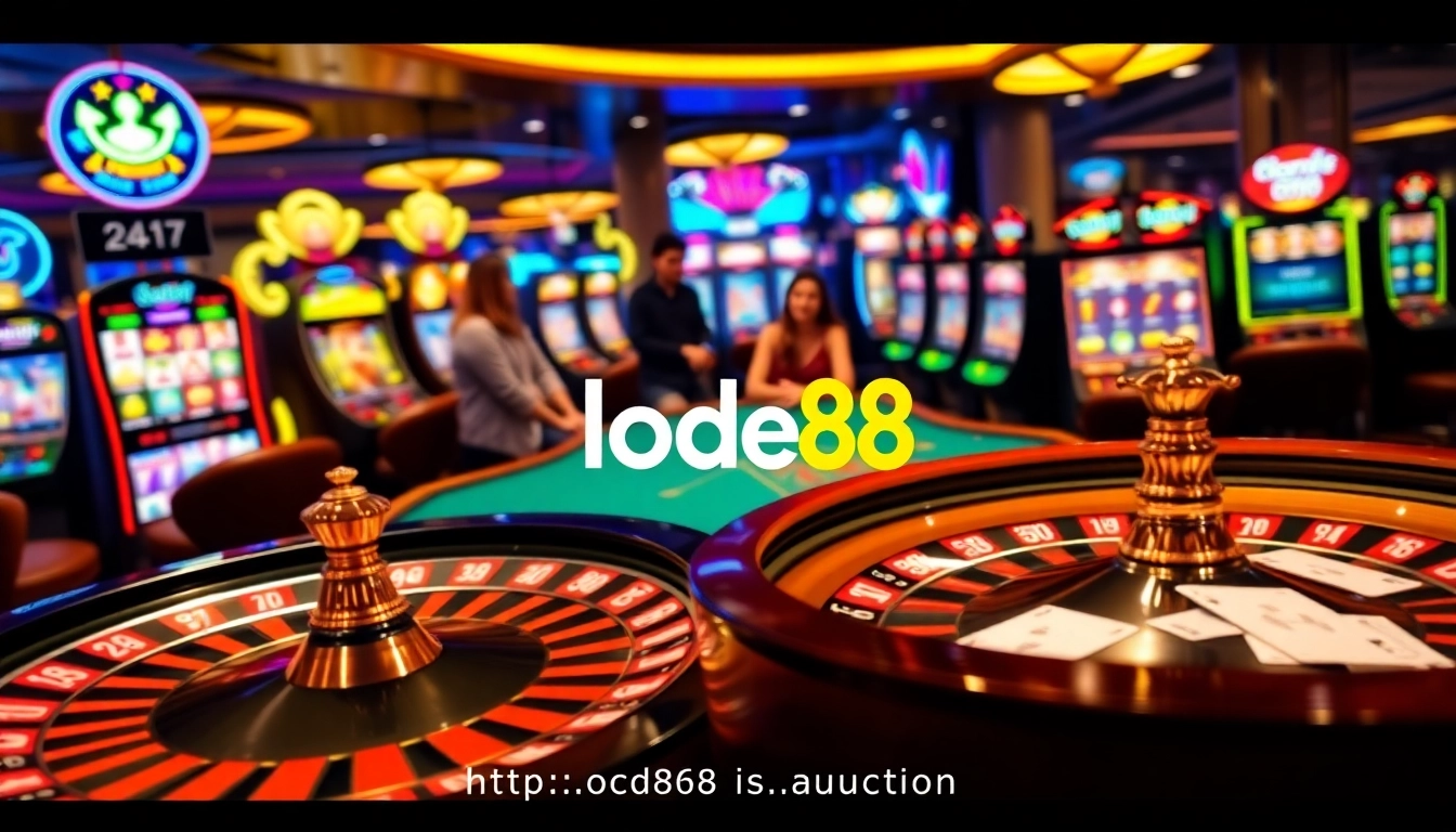 Action-packed gaming scene with players at https://lode88.auction/ roulette and poker tables surrounded by vibrant slots.