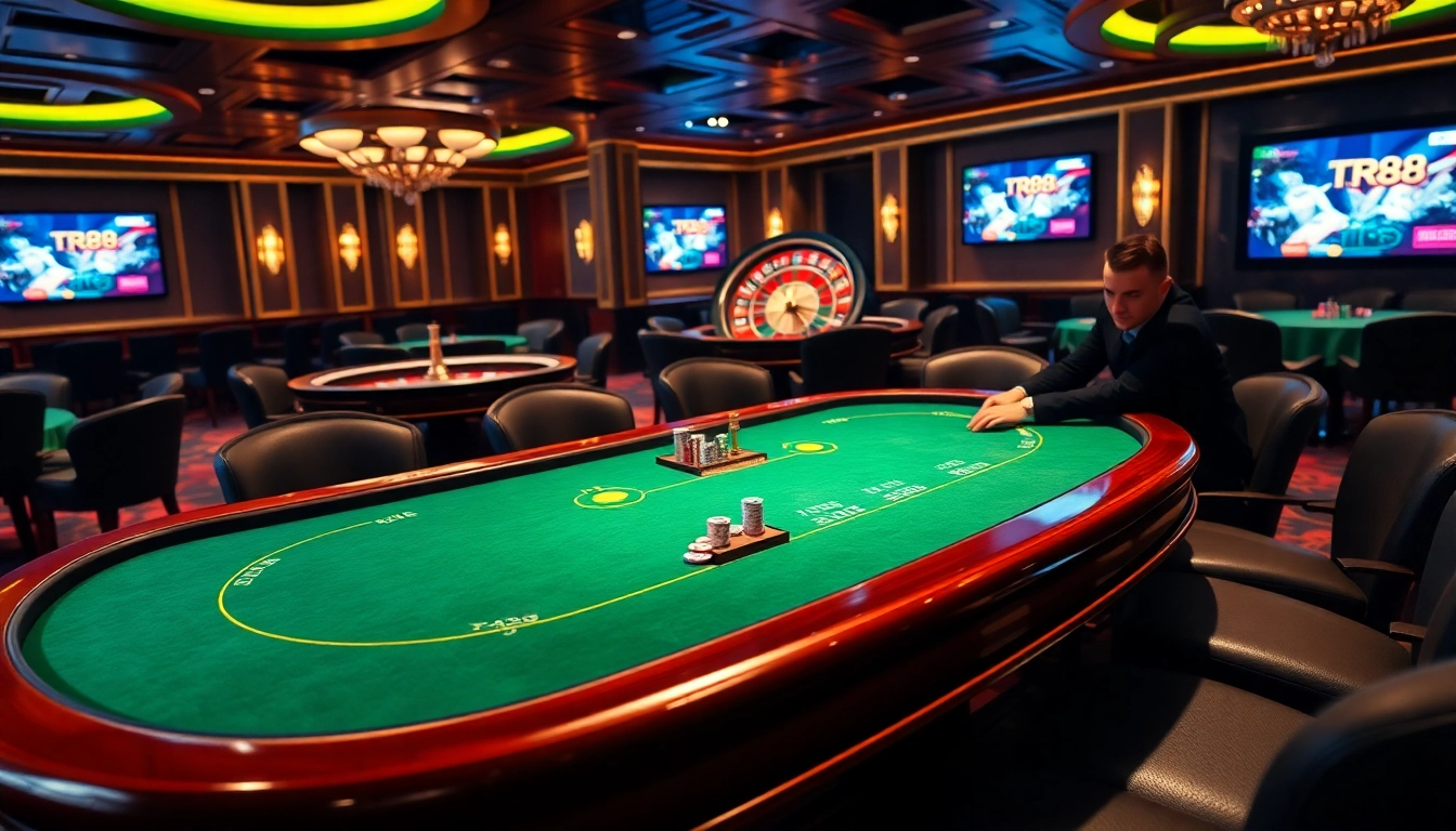 Engaged gamblers strategize at a professional tr88 poker table in a vibrant casino setting.