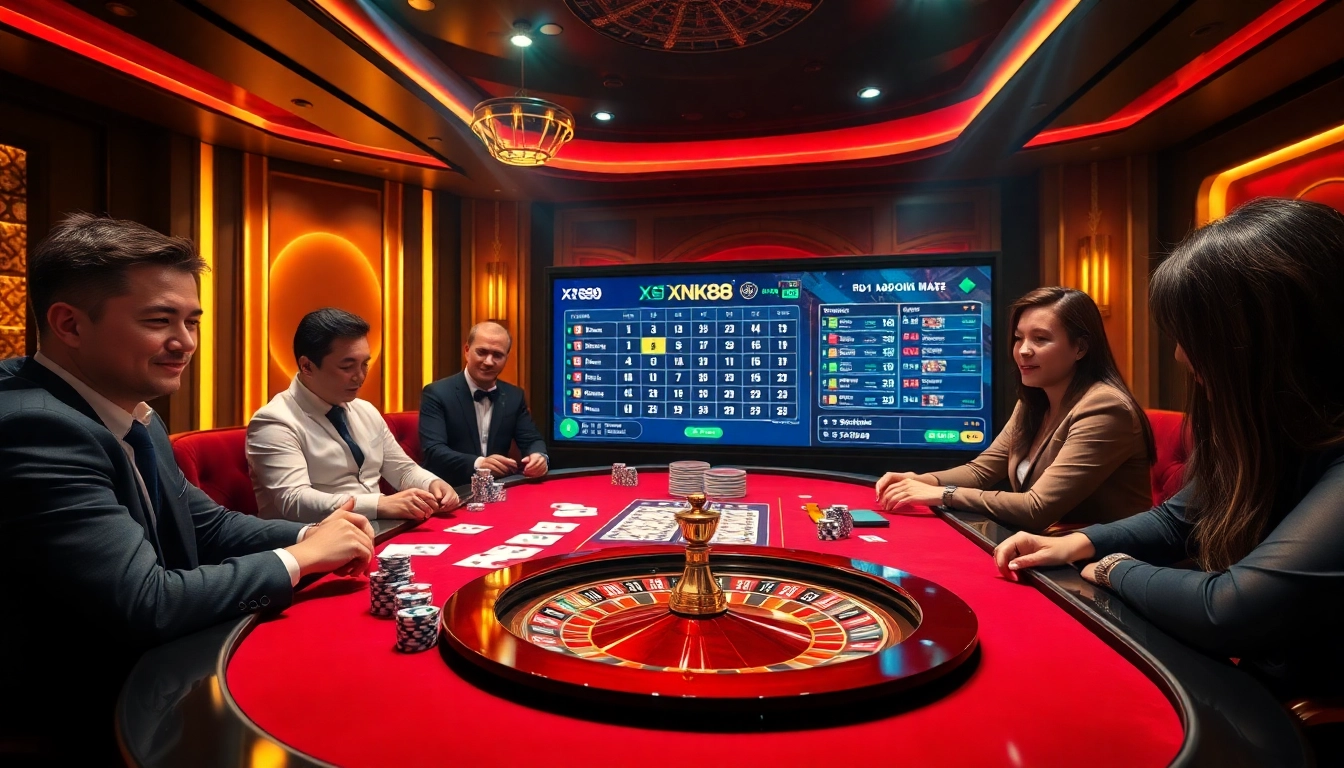 XỔ SỐ NK88 gambling experience with poker chips and betting interface in a luxurious casino setting.