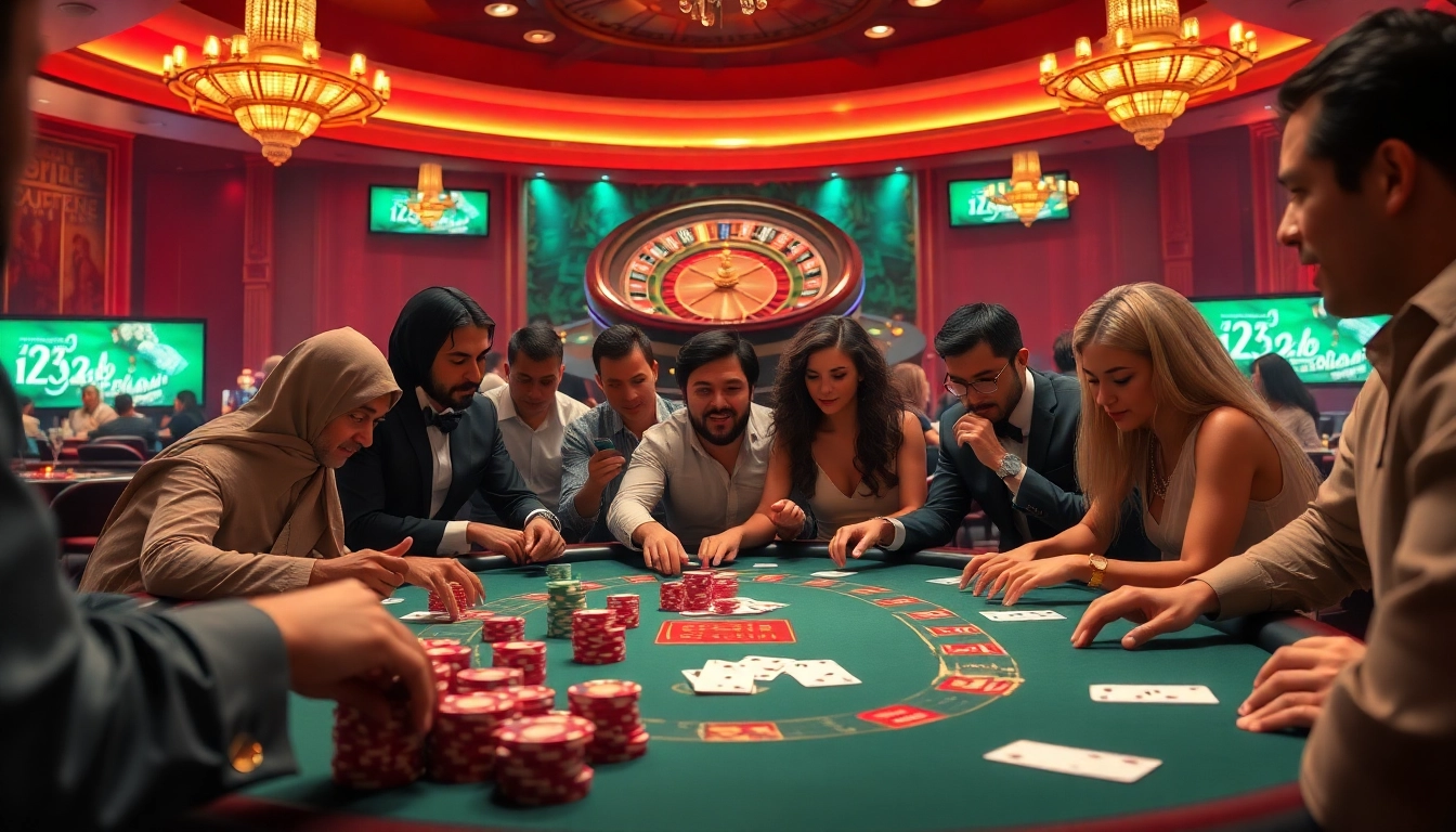 Players engage in high-stakes poker at a luxurious 123b casino table, surrounded by vibrant colors and excitement.