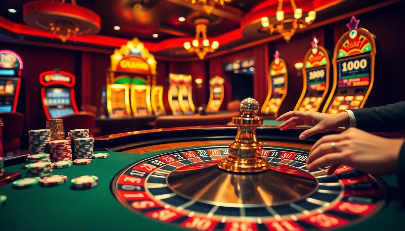 Experience the thrill of gambling at 69vn.gb.net with vibrant casino visuals and engaging players at the roulette table.