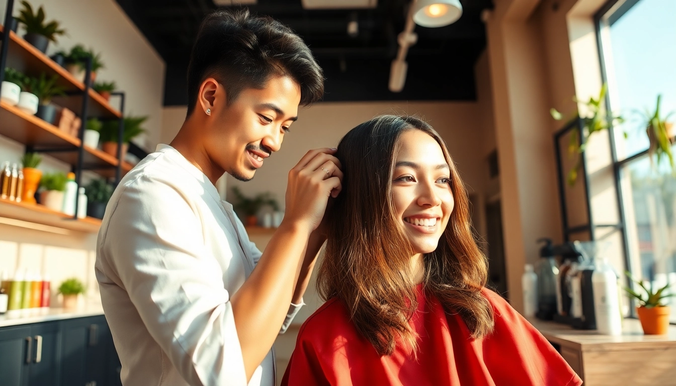 Experience the best hair salon San Diego with a skilled stylist providing a precision haircut in a warm, modern setting.