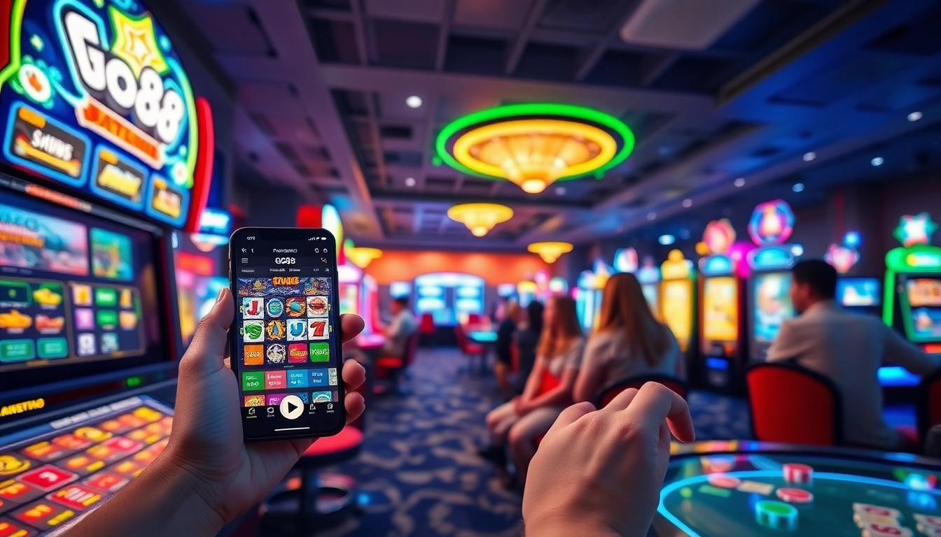 Exciting gaming atmosphere at dittytalk.com, featuring diverse players and vibrant slot machines.