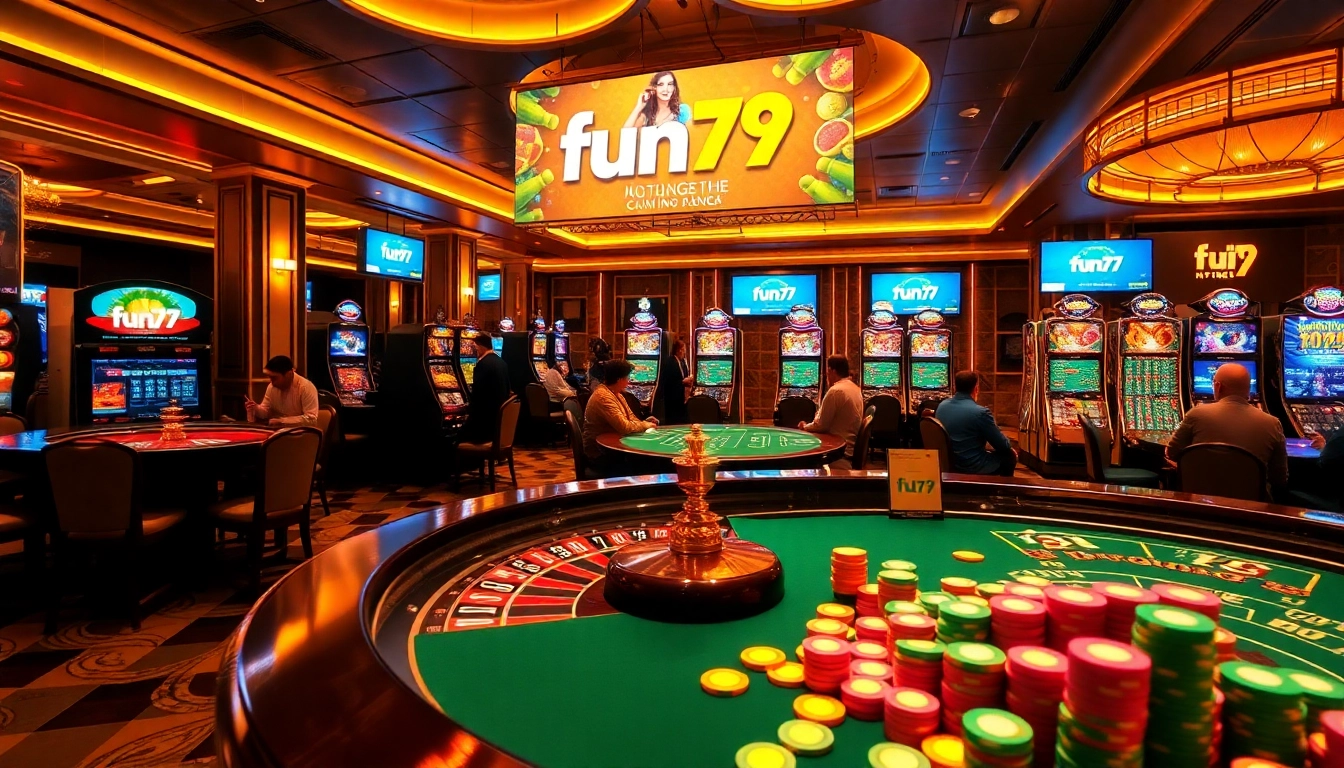 Experience thrilling gameplay at fun79's vibrant casino with poker chips and roulette.