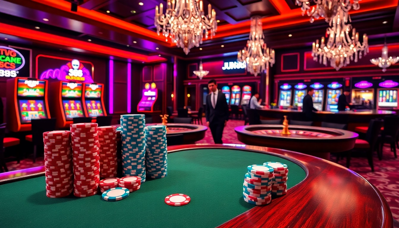 Experience high-stakes gambling with Jun88's vibrant casino atmosphere featuring poker tables and slot machines.