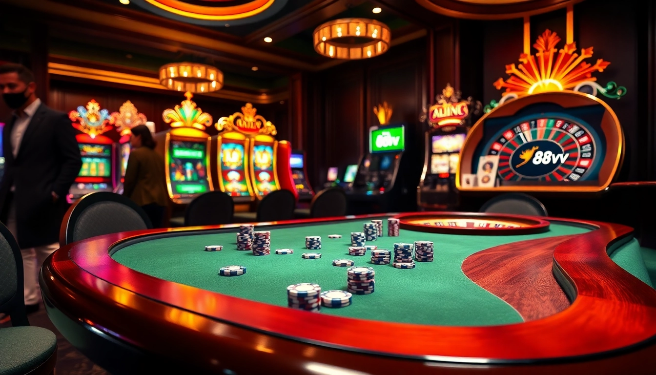 Experience thrilling gameplay in a luxurious casino with 88vv poker tables and vibrant slot machines.