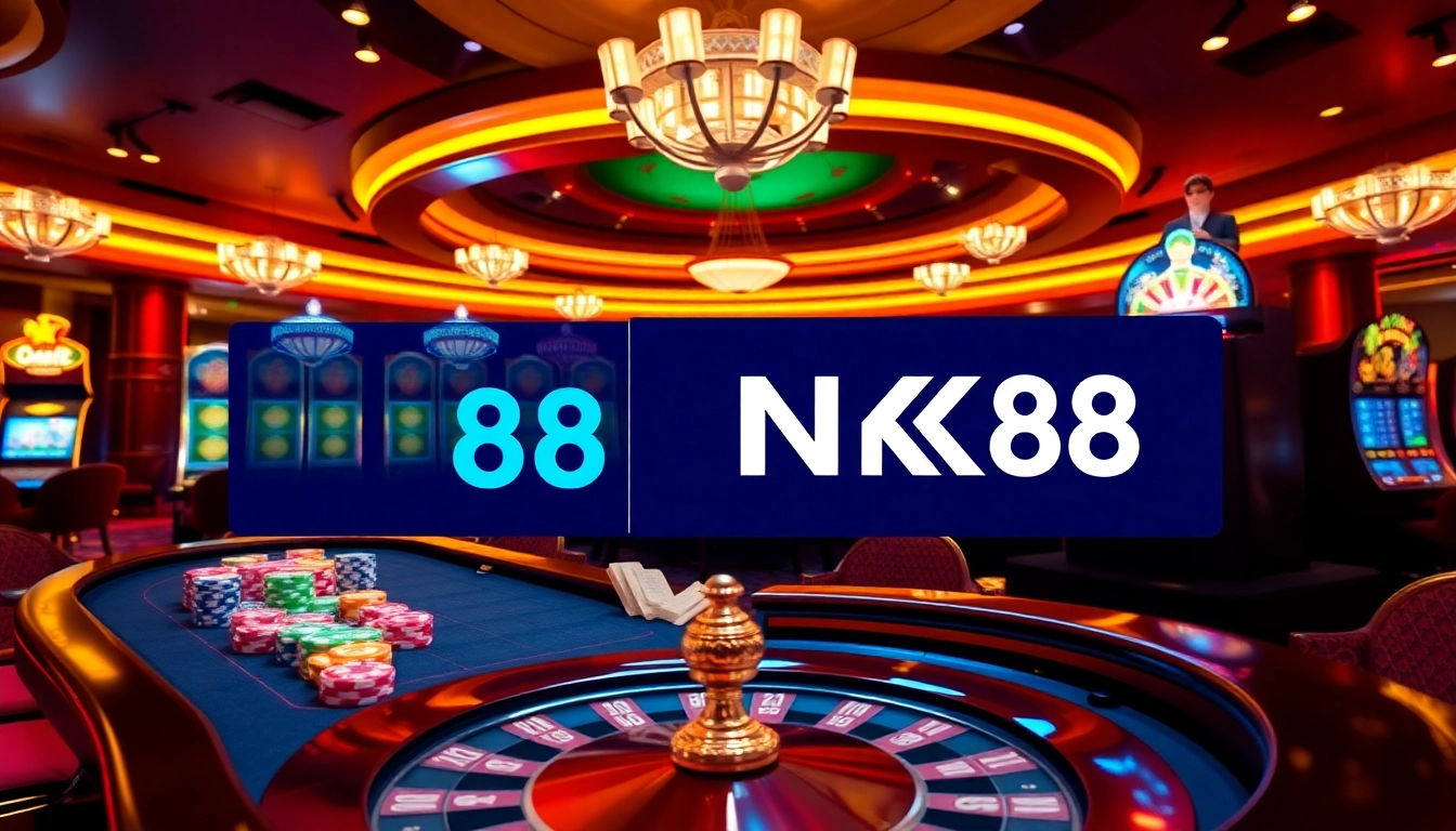 Engaging scene with NK88 logo in a luxurious casino highlighted by vibrant poker chips and roulette wheel.