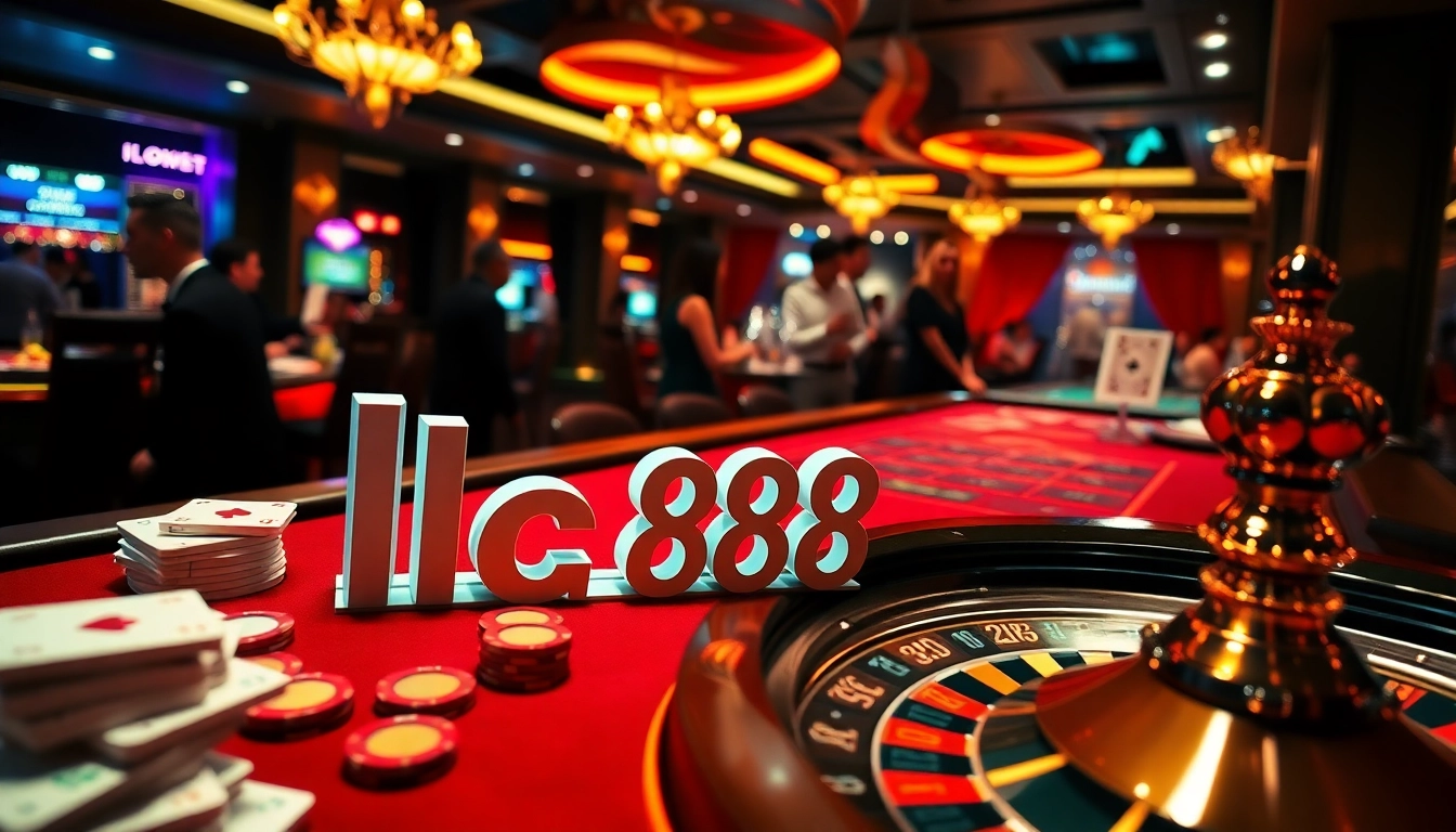 Exciting gameplay featuring lc 888 at a vibrant casino table with chips, cards, and a roulette wheel.