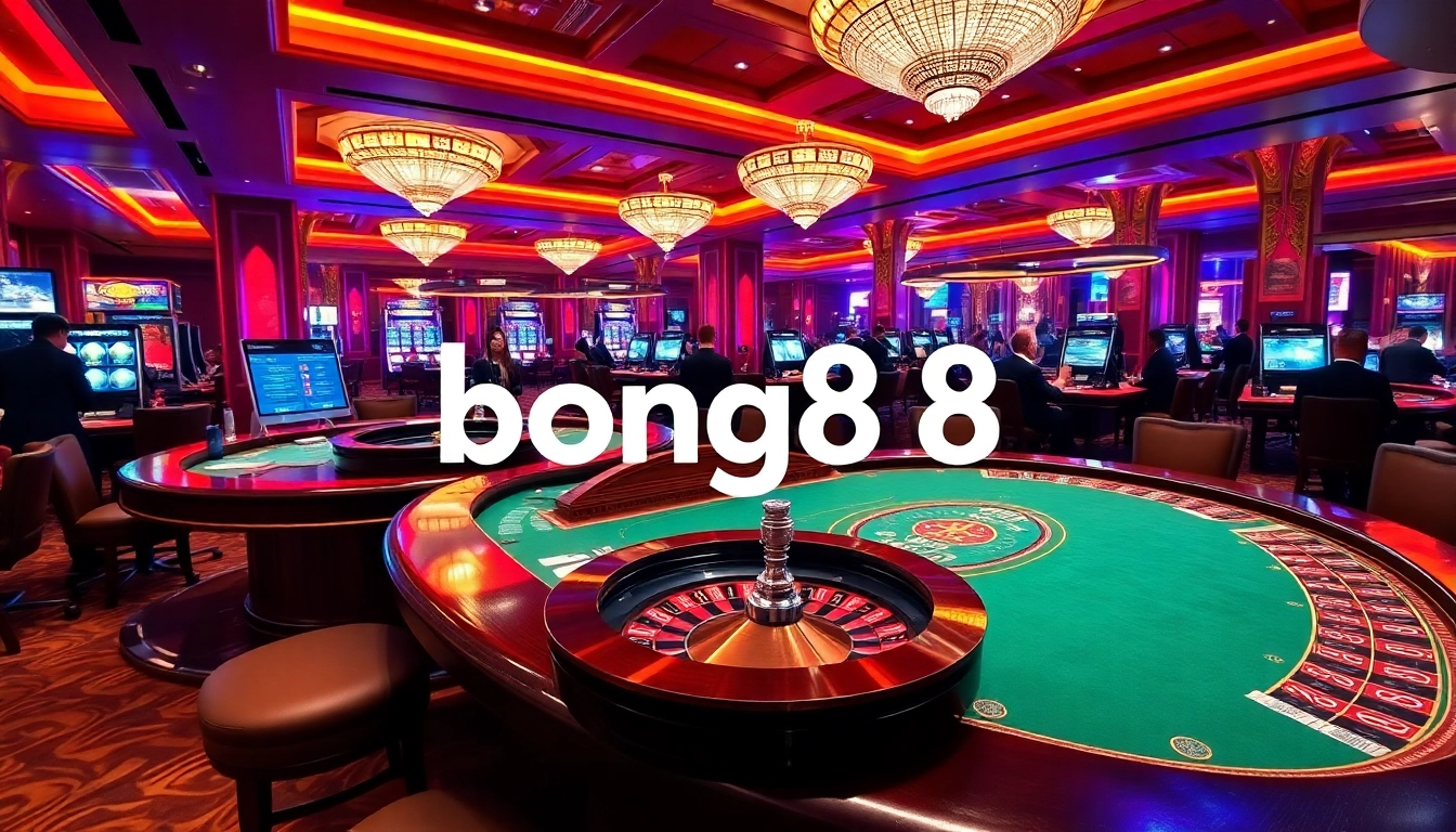 Bong88 players enjoying a thrilling poker game in a luxurious casino setting