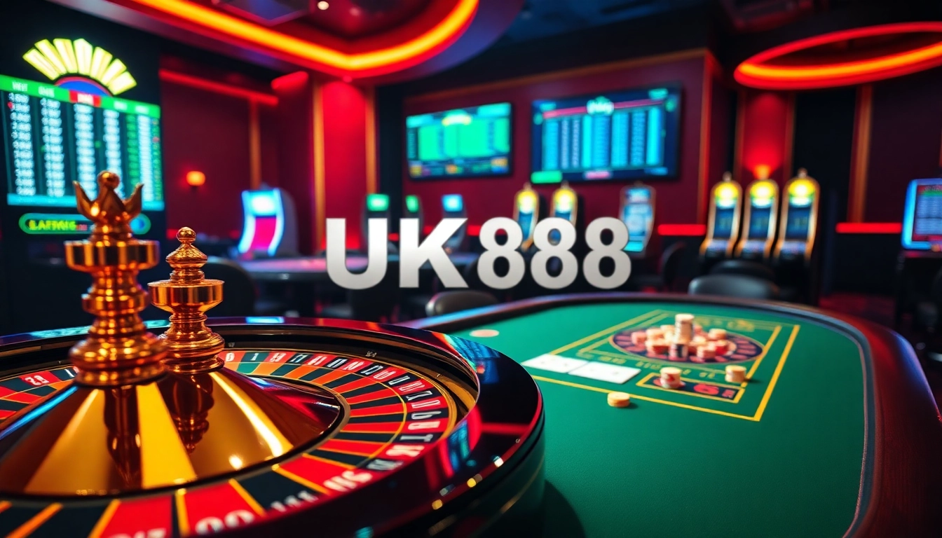Engage with thrilling online gambling at https://uk88.trading/ featuring luxury casino elements like poker chips and a roulette wheel.