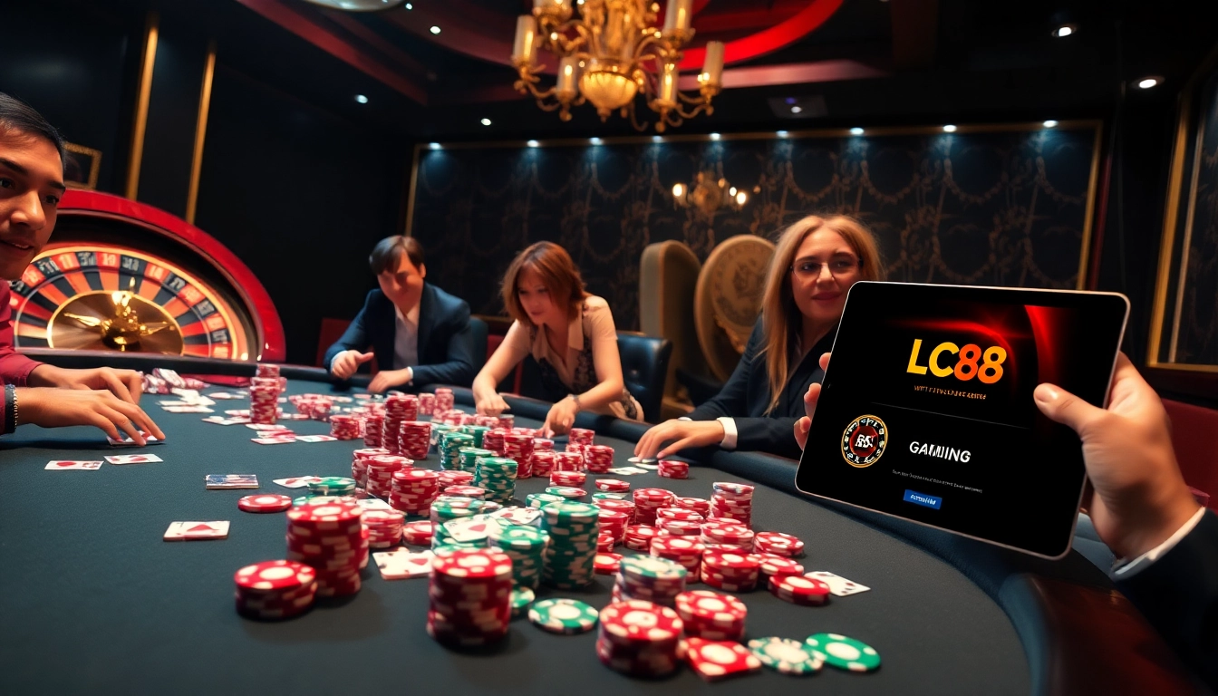 Engaged players at a poker table showcasing excitement and strategy at LC88 casino.