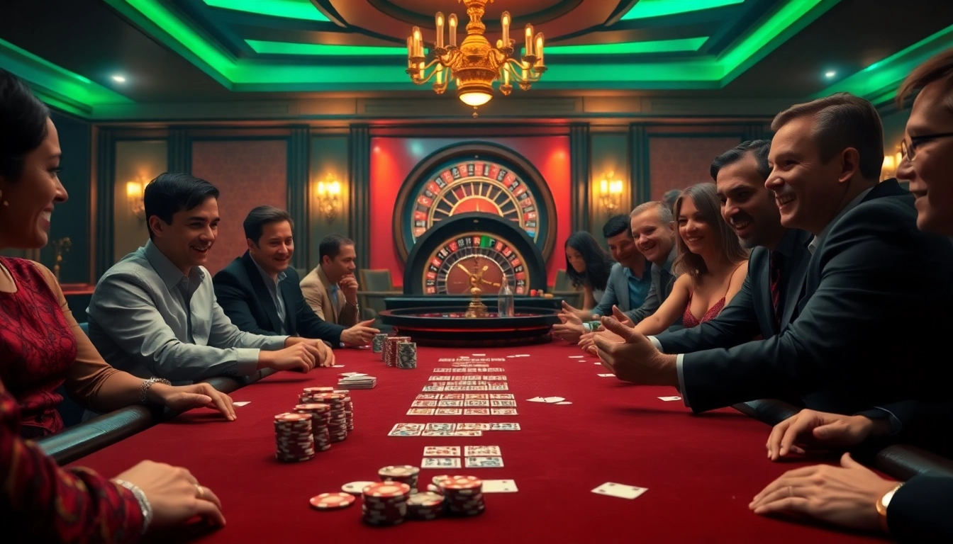 Poker players enjoying an exciting game at bdjl.win, with vibrant chips and elegant casino decor.