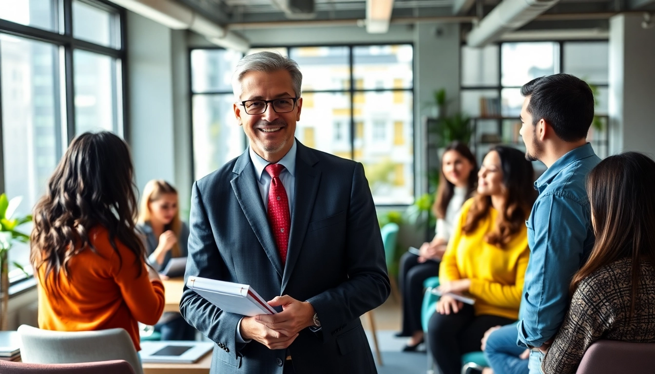 Business coach San Francisco leading a dynamic team meeting in a vibrant office.