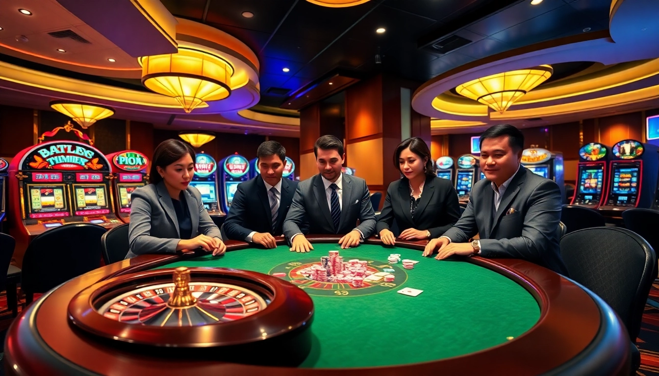 Players enjoy a high-stakes poker game featuring good88 chips and cards in a vibrant casino atmosphere.