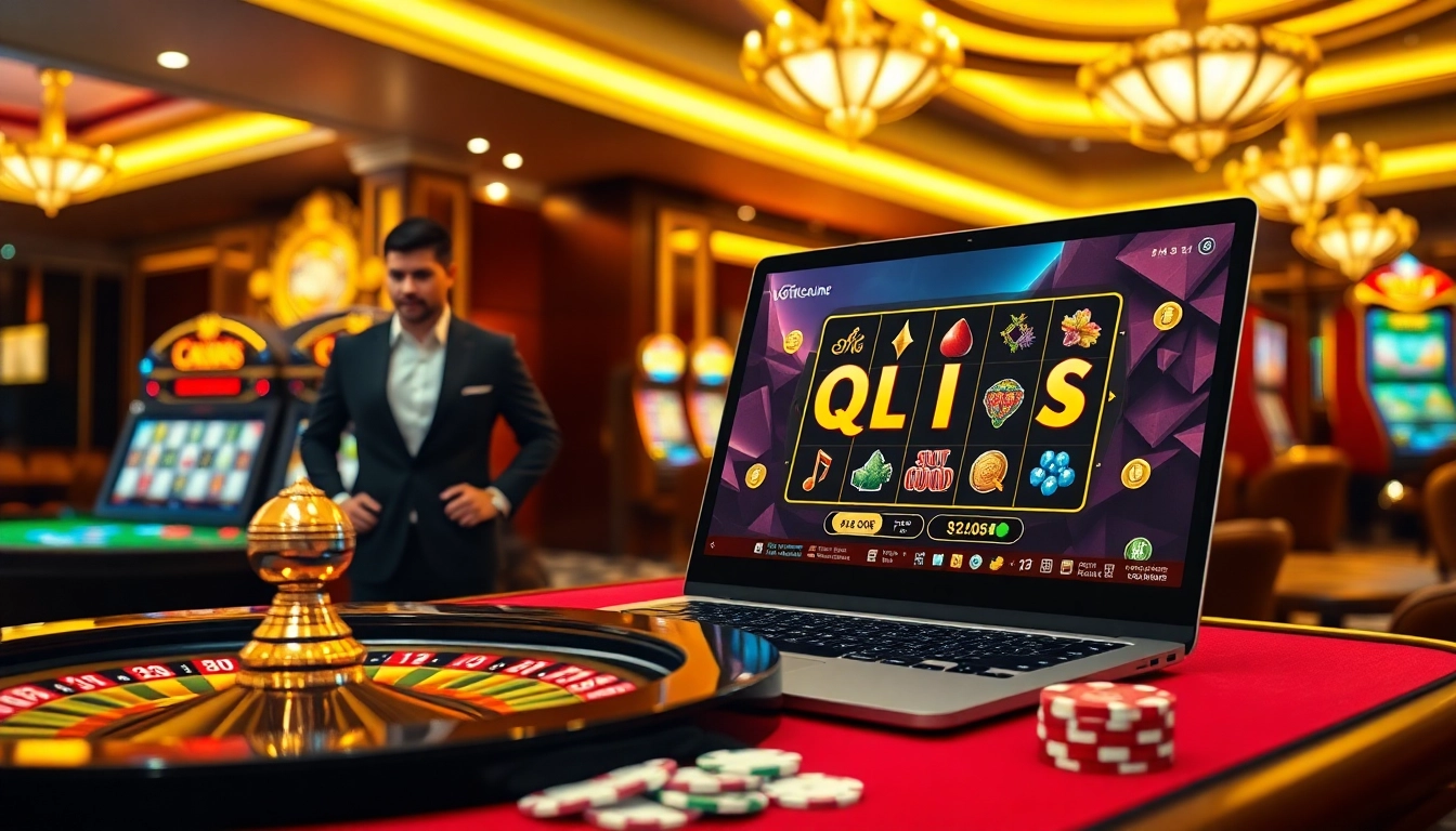 Rasakan peluang menang dengan Slot Qris di pengaturan kasino modern yang menampilkan mesin slot yang berwarna-warni dan meja permainan.