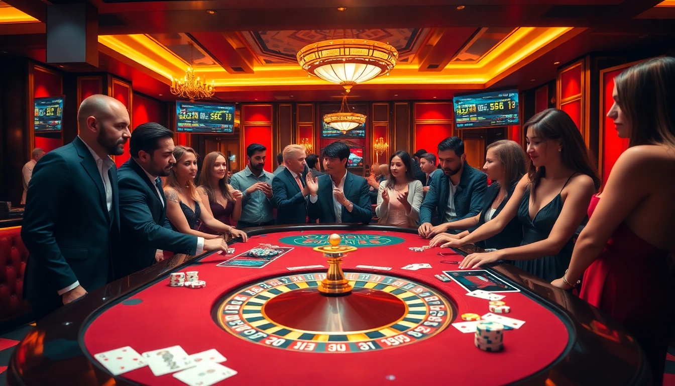 Intense gambling action at a luxurious casino table featuring https://iq88.racing/ and vibrant players.