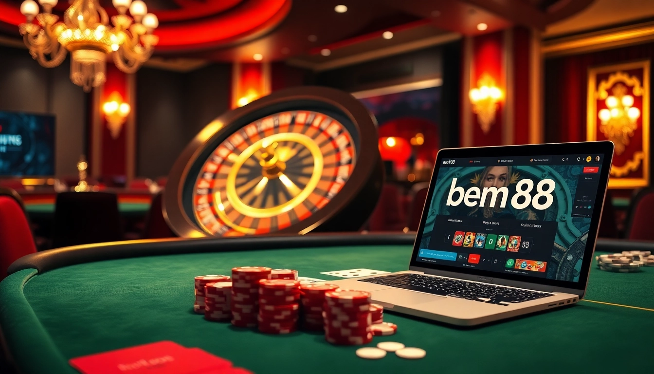 Experience the thrill of betting at https://bem88.com with an elegant casino scene showcasing poker tables, chips, and a roulette wheel.