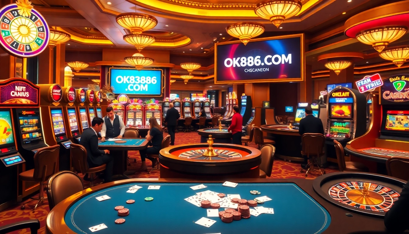 Players enjoying casino games at OK8386.COM, featuring vibrant slot machines and poker tables.