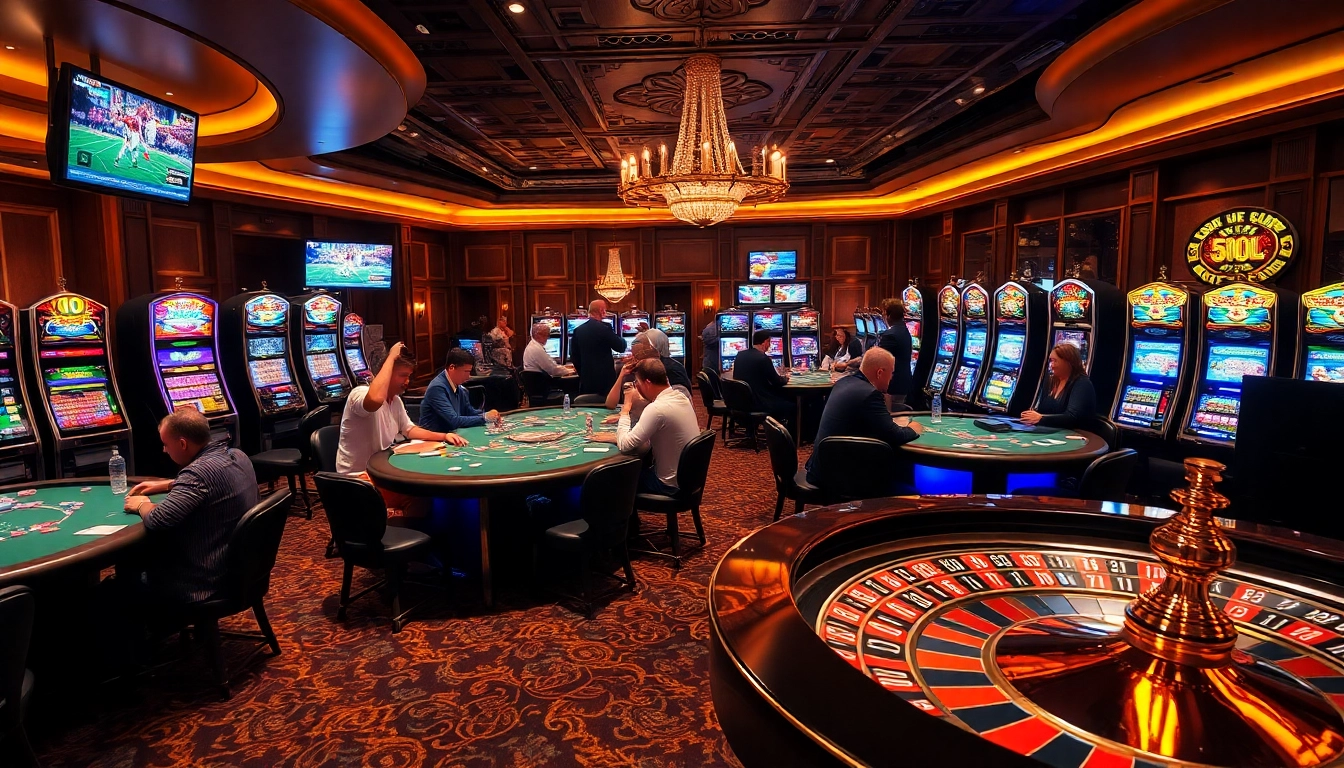 Players enjoying the thrill of gambling at the hit club casino, with vibrant slot machines and poker tables.