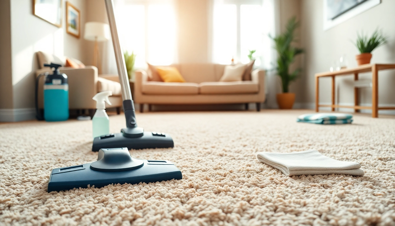 Enhance your space with carpet cleaning near me, showcasing a clean living room and tools.
