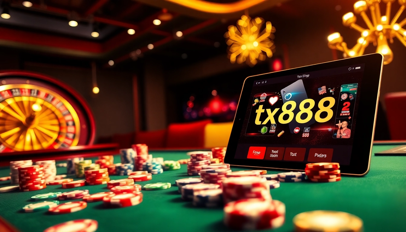 Play exciting poker at the tx888 table featuring colorful chips and a spinning roulette wheel.