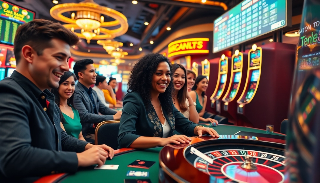 Players experiencing thrilling games at https://uu88.za.com/, set in a vibrant casino atmosphere.