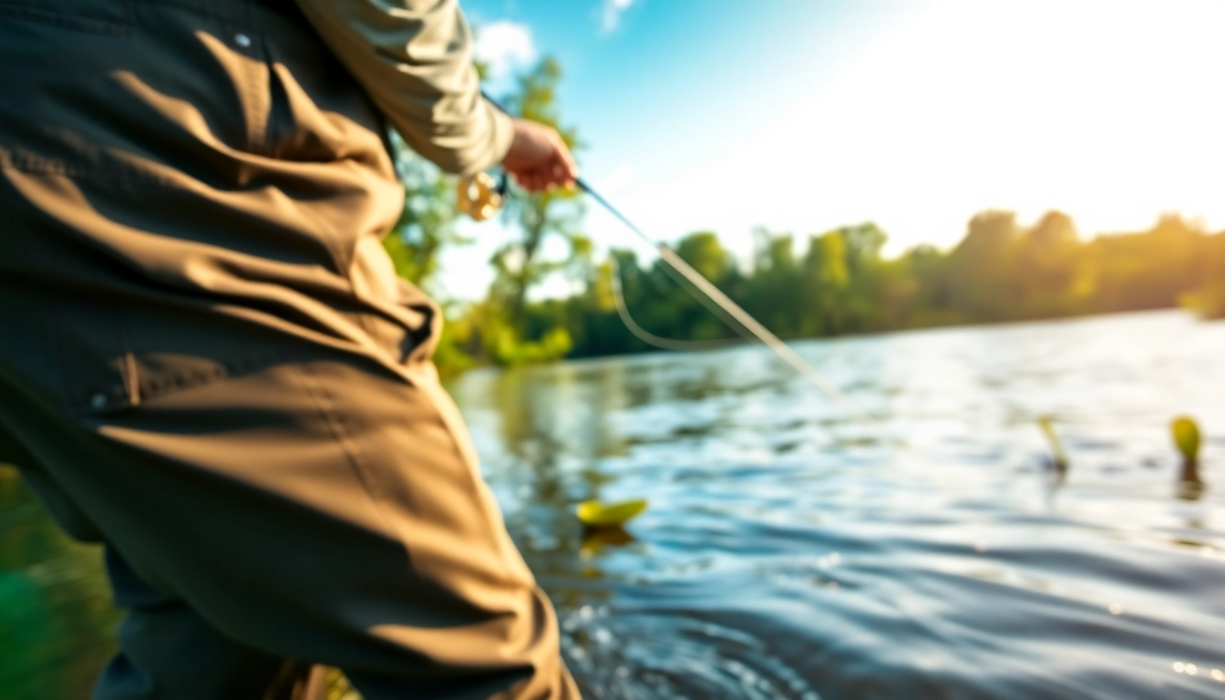 Wearing fly fishing waders, a fisherman casts a line in a tranquil river scene.