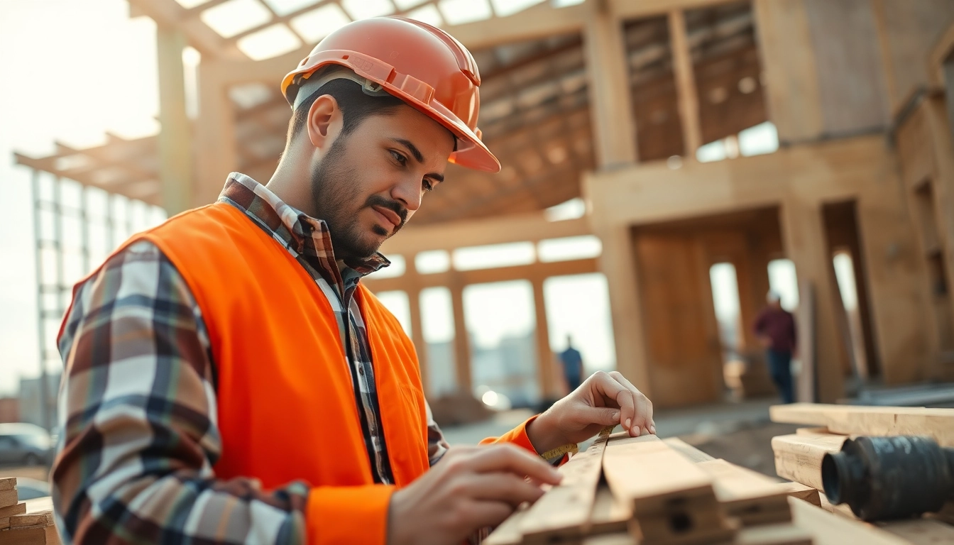 Construction apprenticeship demonstrated by an apprentice measuring materials on-site amidst a building project.