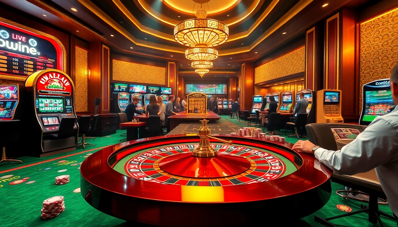 Gamblers engaging thrill at sv88.me online casino with roulette, slots, and poker elements.