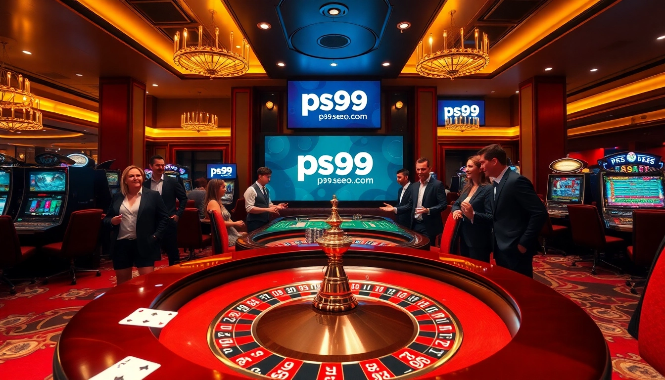 Exciting gameplay scene at a casino highlighting ps99seo.com, featuring gamblers at a roulette table.