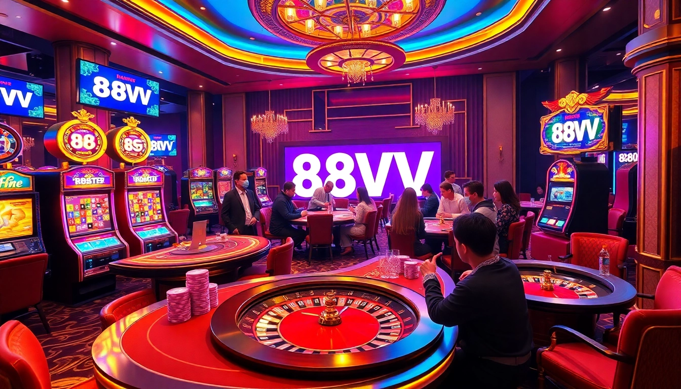 Players enjoying a thrilling game at 88VV with vibrant slot machines and winning moments.