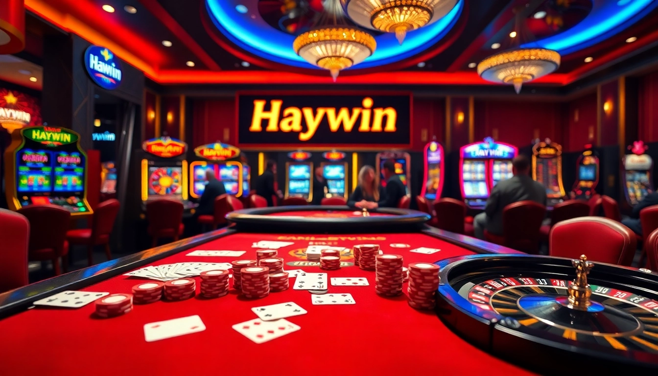 Haywin players enjoying a thrilling casino experience with colorful slots and poker chips.