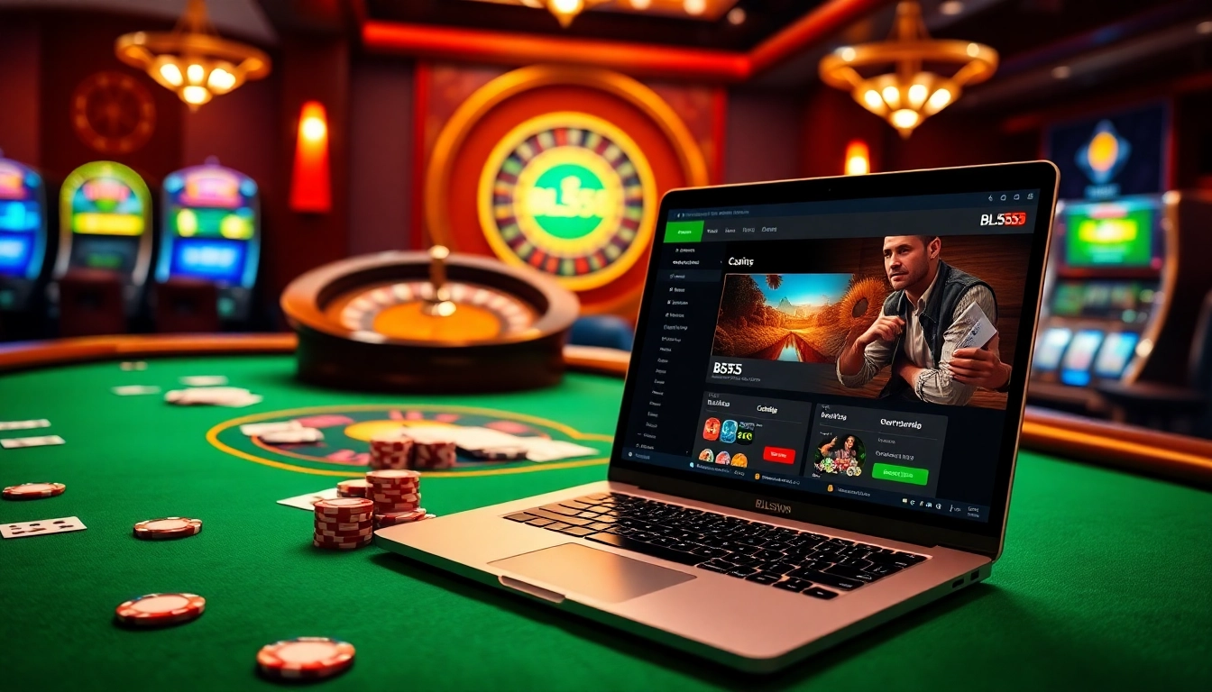 Experience the vibrant atmosphere of trang chủ BL555 showcasing poker, slot machines, and roulette.