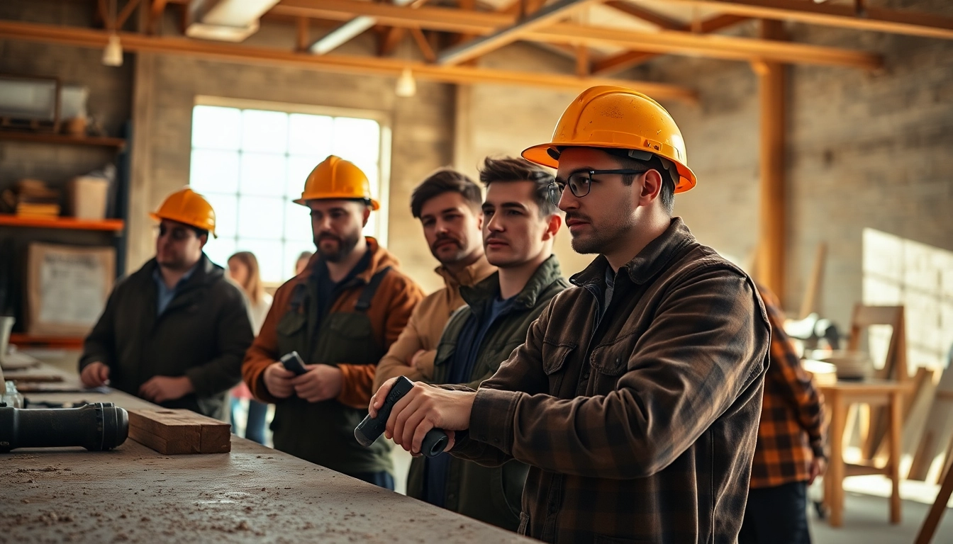 Apprentices practicing skills in a hands-on construction apprenticeship environment with tools.