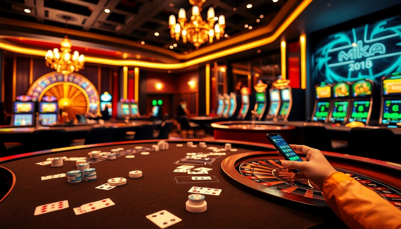 Players enjoying high-stakes gaming at a luxurious MK8 casino table with cards and chips.