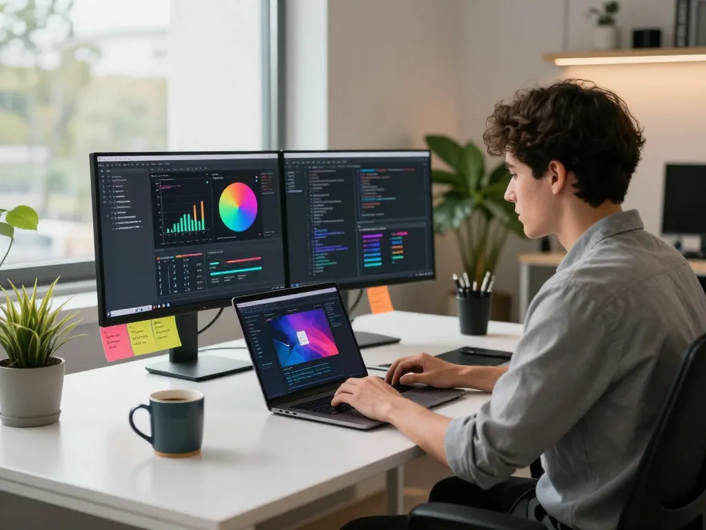 年轻开发者在现代办公室中使用谷歌浏览器编码，周围环绕着技术元素。