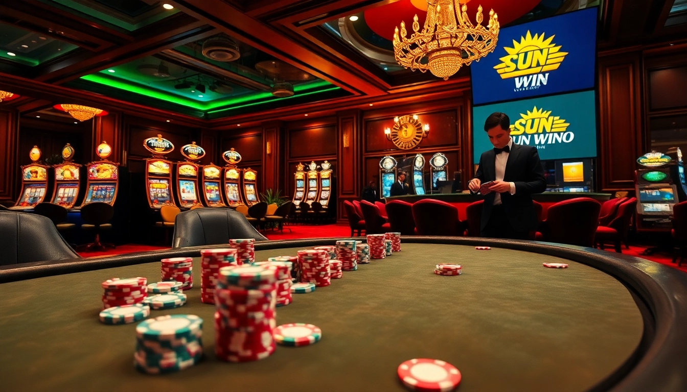 Experience the excitement at Sun Win casino with vibrant gaming tables and slot machines.