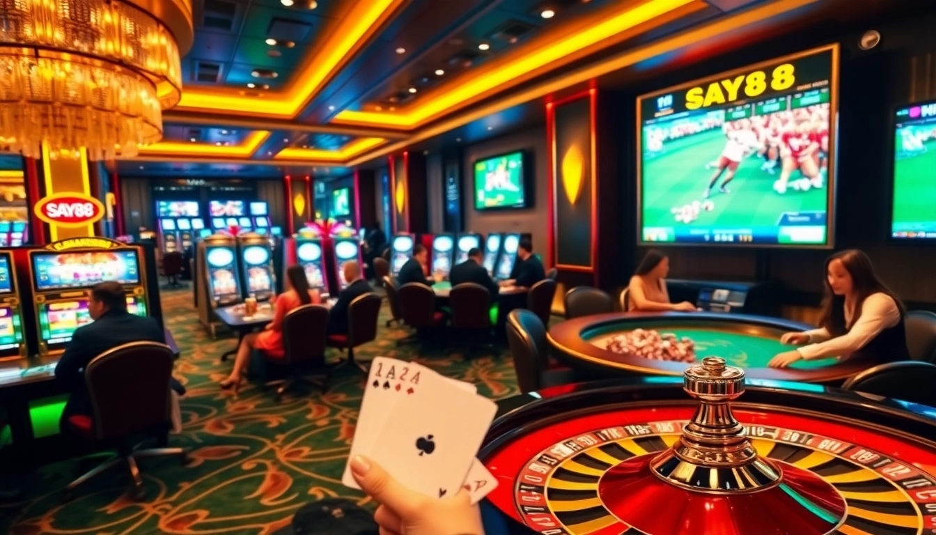 SAY88 players experience excitement at a casino table with cards and chips in action.